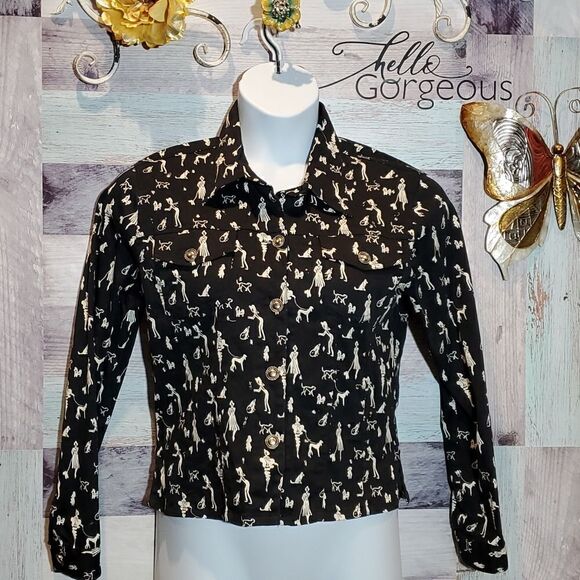 Ladies Walking Dogs Black & White Lightweight Jacket New Identity Sz L - Picture 1 of 8
